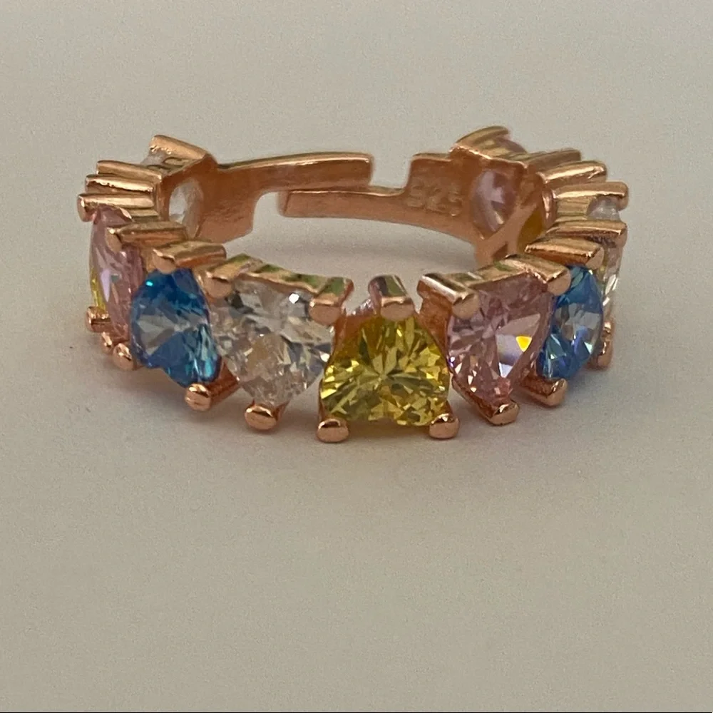 925 Silver heart band ring adjustable size 6 cz stones 14k rose gold plated